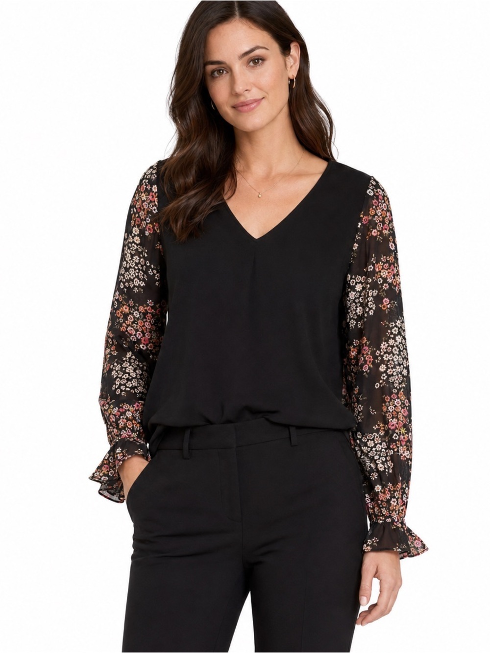 CeCe Black Floral Sleeve Top Size S